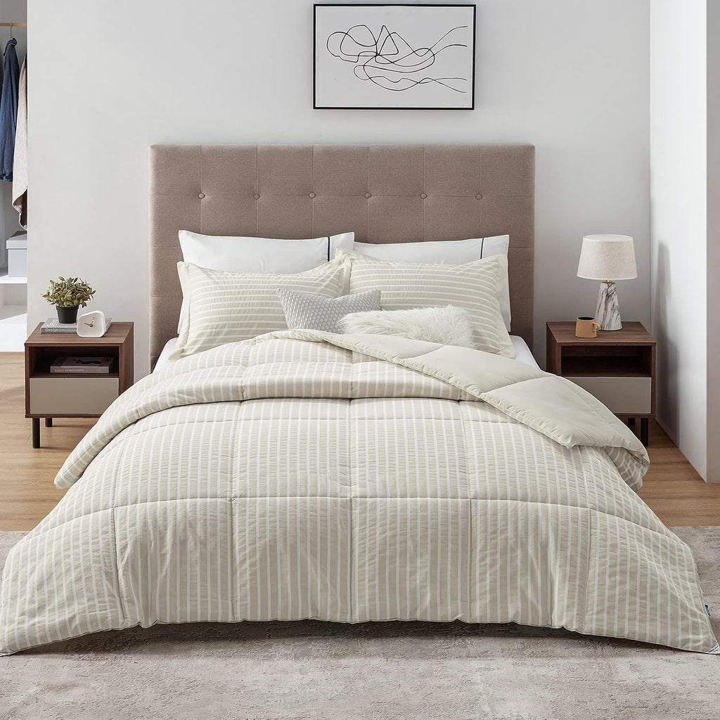 California King Comforter Set - Percale Stripes down Alternative Khaki Comforter Sets Box Stitching Duvet Insert, All Season Bed Set with 2 Pillow Shams (Cal King, 104X96'', 3 Pieces)