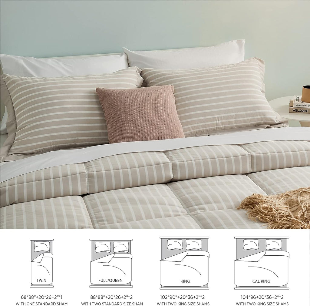 California King Comforter Set - Percale Stripes down Alternative Khaki Comforter Sets Box Stitching Duvet Insert, All Season Bed Set with 2 Pillow Shams (Cal King, 104X96'', 3 Pieces)