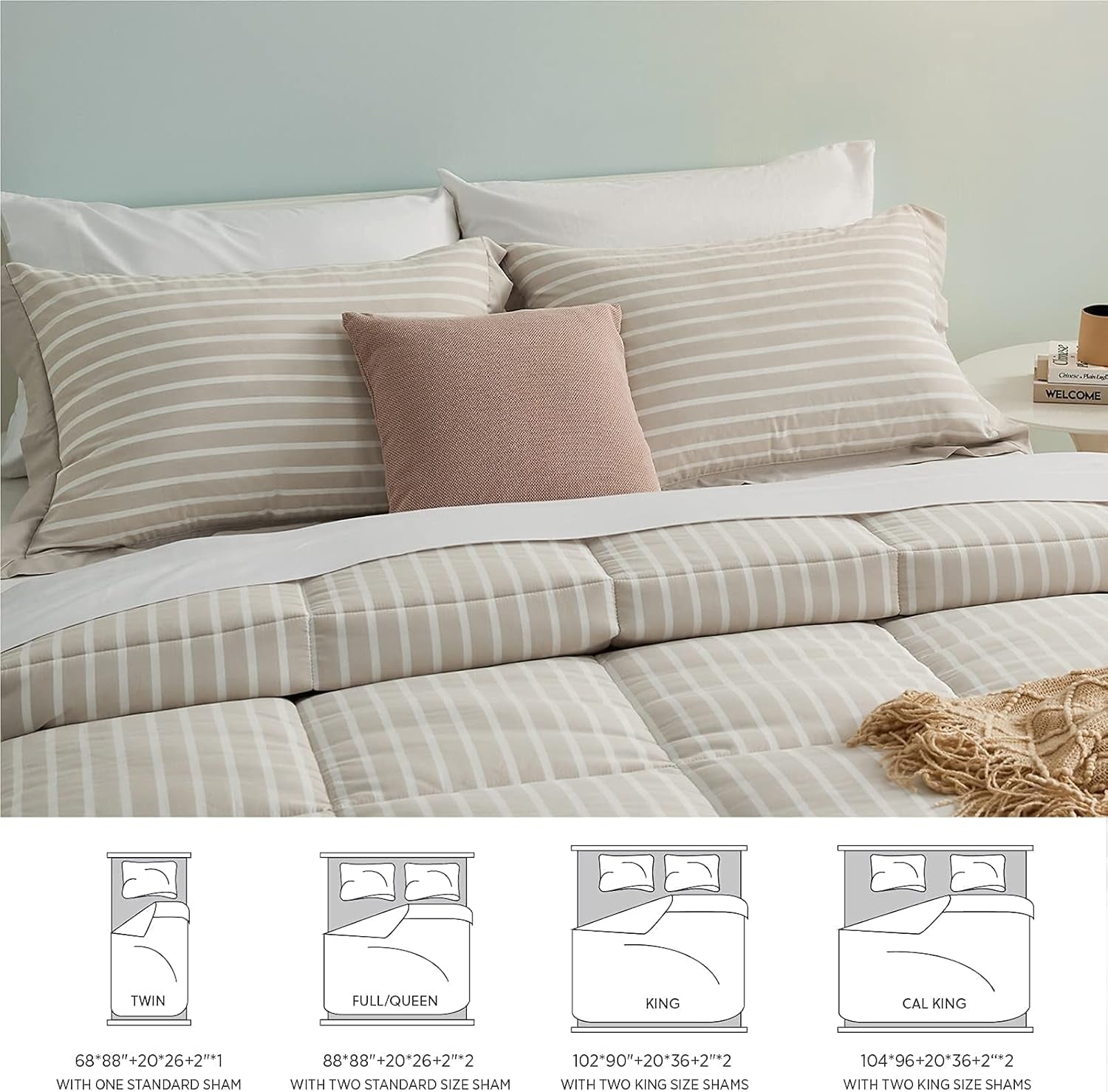 California King Comforter Set - Percale Stripes down Alternative Khaki Comforter Sets Box Stitching Duvet Insert, All Season Bed Set with 2 Pillow Shams (Cal King, 104X96'', 3 Pieces)