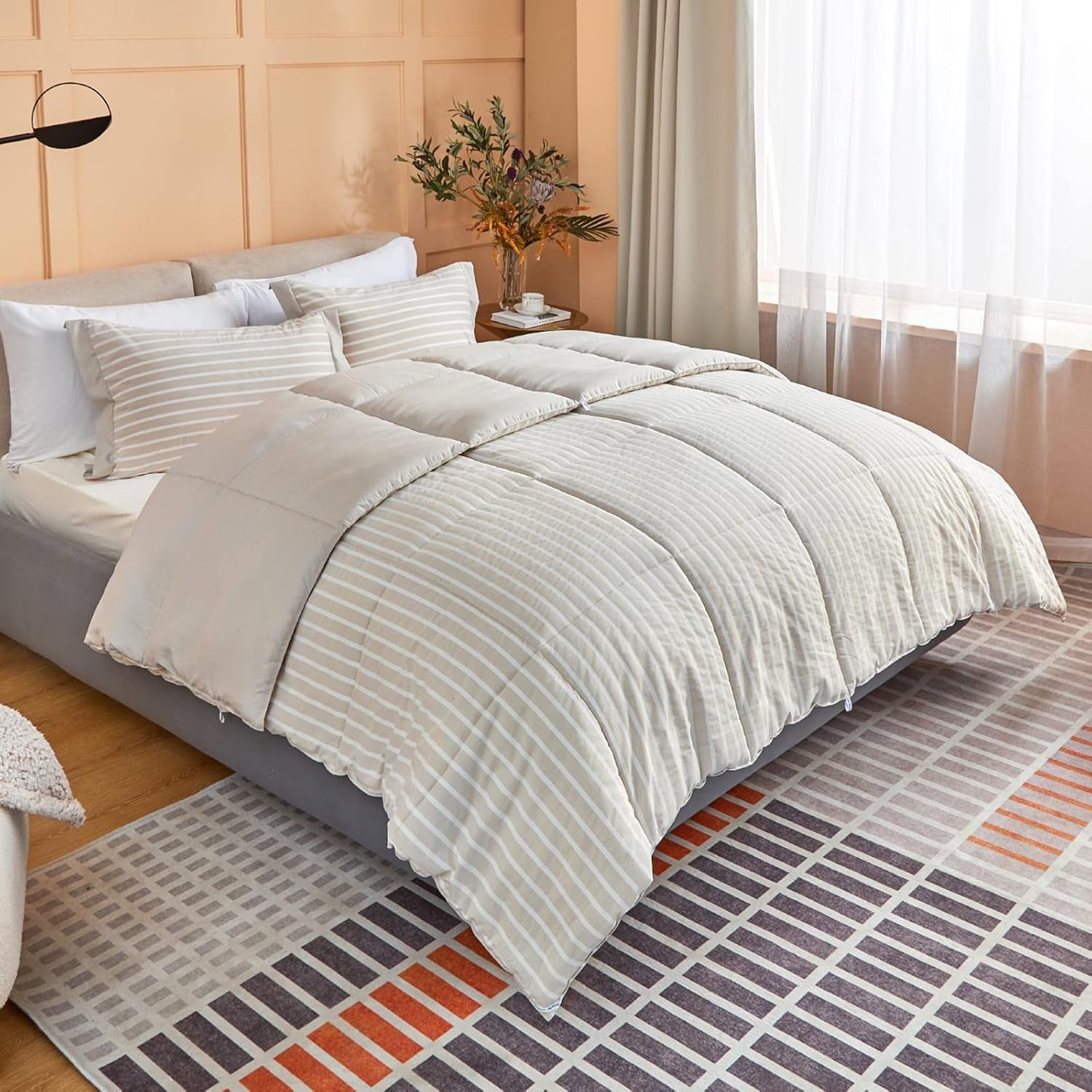 California King Comforter Set - Percale Stripes down Alternative Khaki Comforter Sets Box Stitching Duvet Insert, All Season Bed Set with 2 Pillow Shams (Cal King, 104X96'', 3 Pieces)