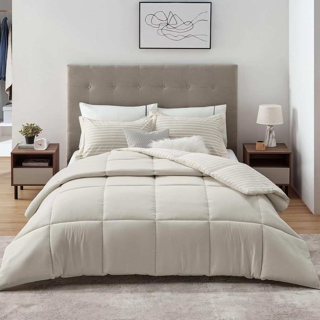 California King Comforter Set - Percale Stripes down Alternative Khaki Comforter Sets Box Stitching Duvet Insert, All Season Bed Set with 2 Pillow Shams (Cal King, 104X96'', 3 Pieces)