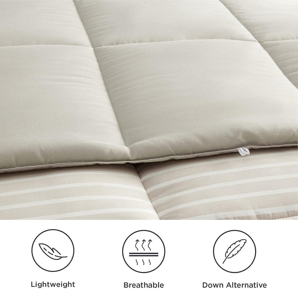 California King Comforter Set - Percale Stripes down Alternative Khaki Comforter Sets Box Stitching Duvet Insert, All Season Bed Set with 2 Pillow Shams (Cal King, 104X96'', 3 Pieces)