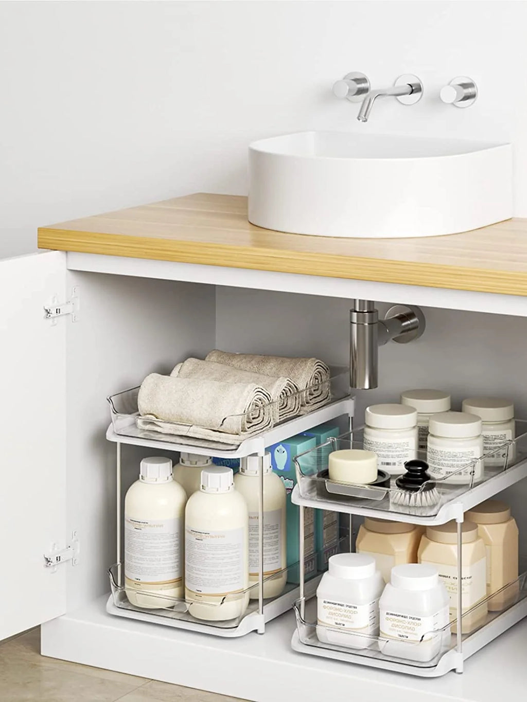 2 Pack Set under Sink Organizers and Storage, 2 Tier Sliding Bathroom Sink Organizer, Multi-Use under Kitchen Cabinet Storage Shelf (S&L), Transparent