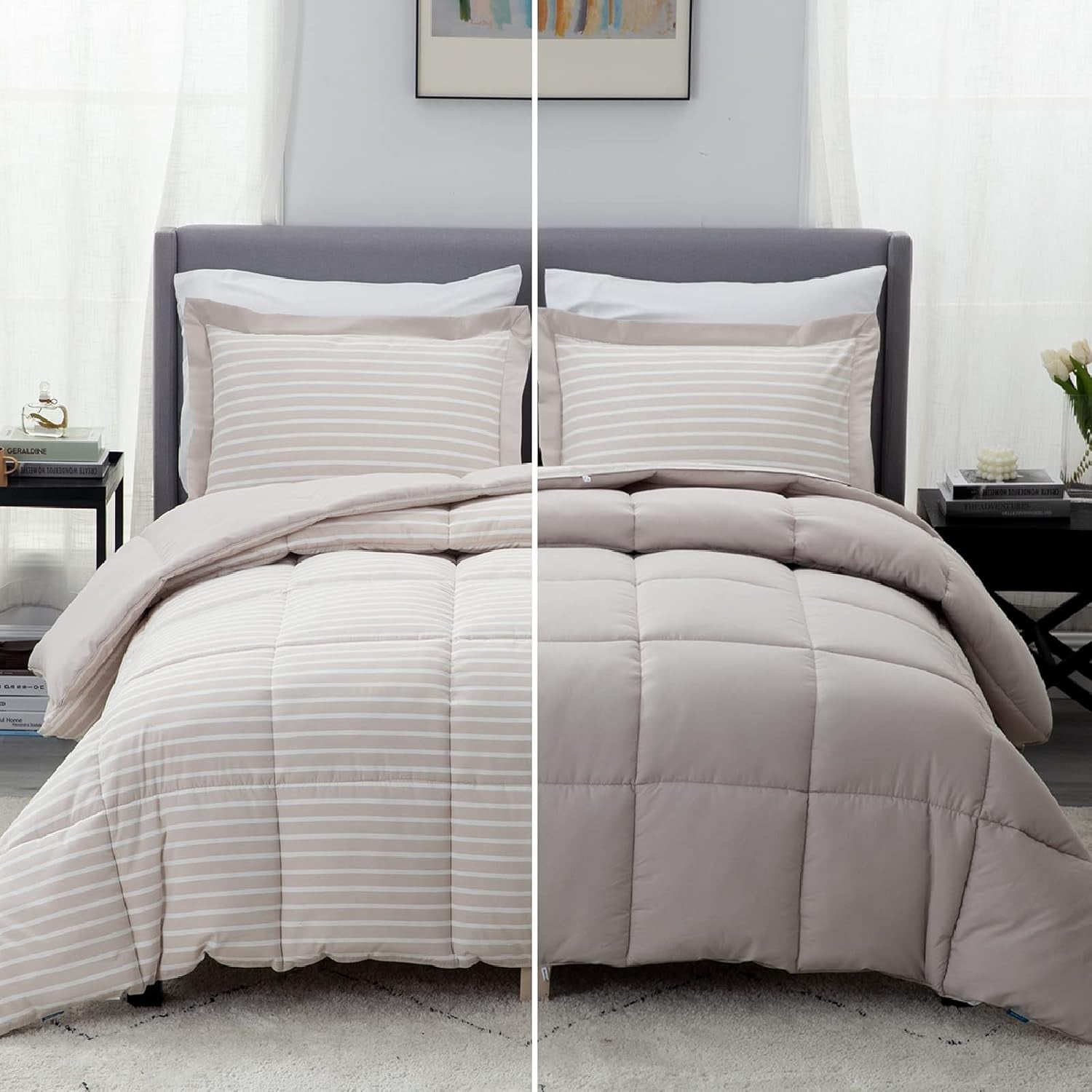 California King Comforter Set - Percale Stripes down Alternative Khaki Comforter Sets Box Stitching Duvet Insert, All Season Bed Set with 2 Pillow Shams (Cal King, 104X96'', 3 Pieces)